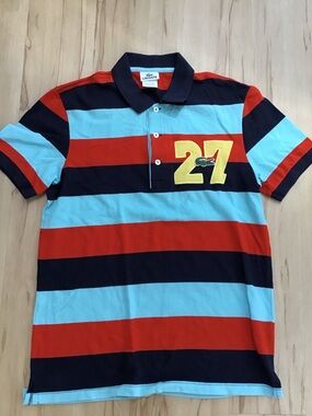 Vintage Lacoste Navy Blue Stripe Polo Embroidered Alligator Yellow 27 Patch 3